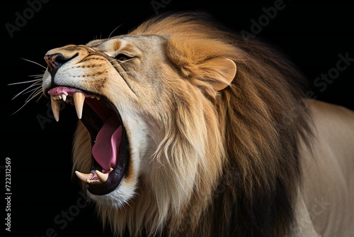 Portrait of a male lion with open mouth on a black background