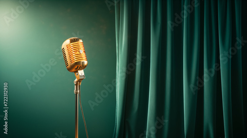 Vintage metal microphone, retro item against green velvet curtain background. Microphone in artistic style, nostalgia