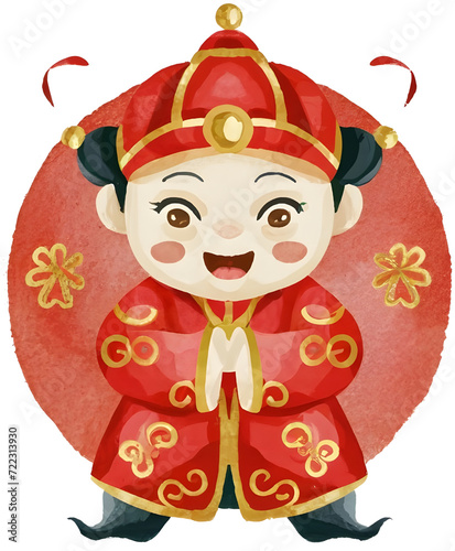 Chinese New Year Celebration with greeting boy in traditional custume Decorations and Holiday Cheer watercolor transparent background photo