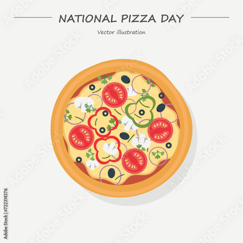 National Pizza Day vector. Whole tomato pizza top view icon. Pizza Day clip art, February 9.