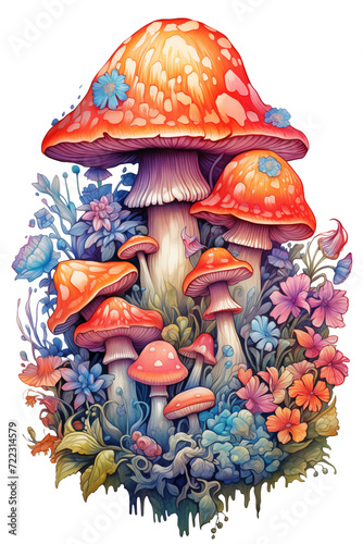 Watercolor mushroom and flower bouquet illustration isolated transparent.