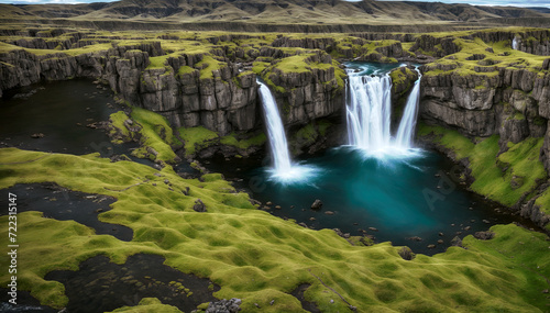 Scenic view of waterfall in iceland on a vast canyon. Travel and adventure concept