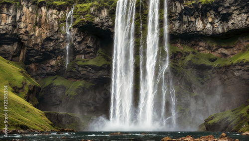 Beautiful closeup of a waterfall in Iceland with moss covered rocks. Travel and adventure concept.