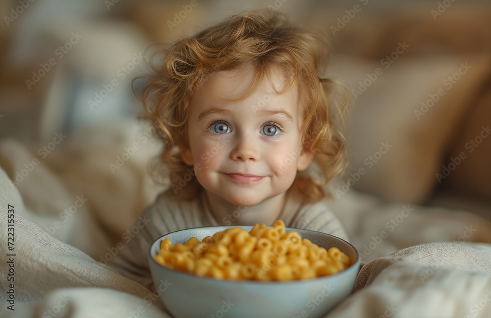 a cute little boy with curly hair holding a bowl of breakfast cereal, photo montage, large canvas format, ray tracing, yellow and orange, candid moments a cute little boy with curly hair holding a bowl of breakfast cereal, photo montage, large canvas format, ray tracing, yellow and orange, candid moments