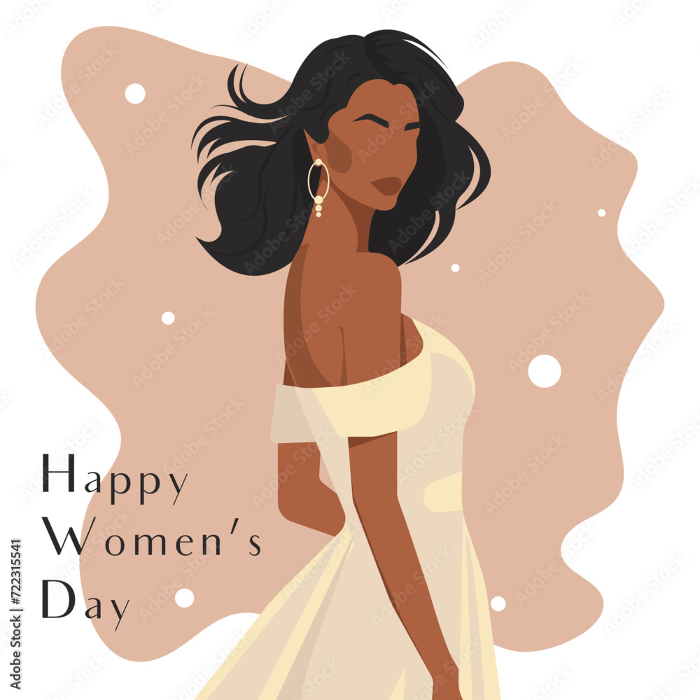 Vector flat illustration of a beautiful African woman in a stylish flowing dress with bare shoulders. International Women's Day greeting card template in pastel colors.
