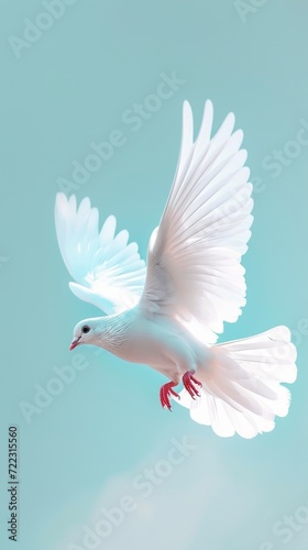 a white dove is flying in the sky in light sun rays