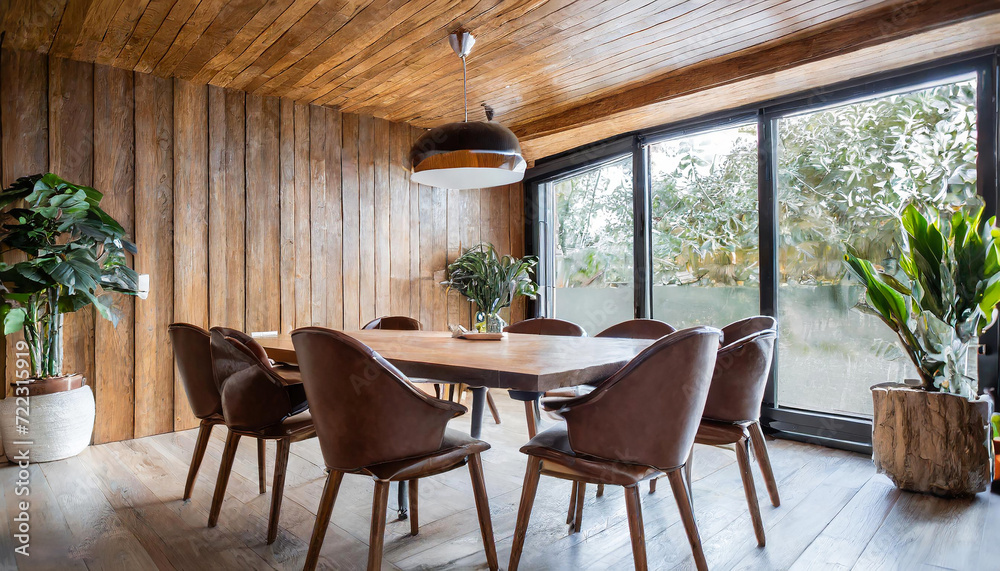 Fototapeta premium Warm Minimalism: Wood Dining Table and Brown Leather Chairs in a Room with Abstract Wood Ceiling Detail