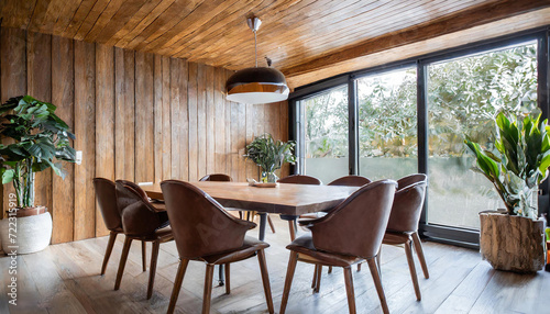 Warm Minimalism: Wood Dining Table and Brown Leather Chairs in a Room with Abstract Wood Ceiling Detail © Aminur