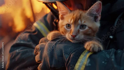 Brave fireman rescued redhead cat from fire. Firefighter hero save orange pet. Terrible emergency. Dangerous profession. Heroic flame fighter extinguish burning house. Courageous rescuer saving life. photo