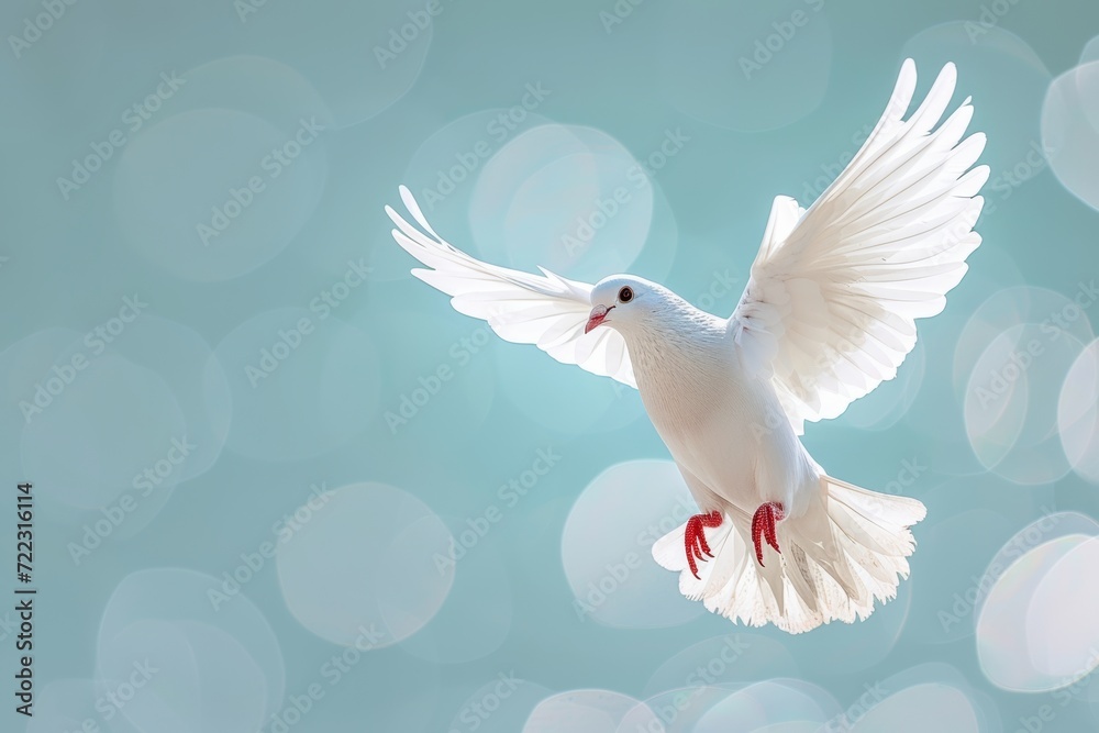 a white dove is flying in the sky in light sun rays a white dove is flying in the sky in light sun rays