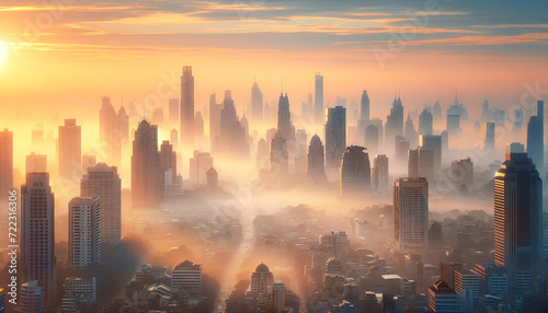 Tranquil City Dawn: Serene Urban Landscape with Skyscrapers Captured at the Golden Hour, Featuring a Misty Morning Skyline and Pastel Sunrise	

