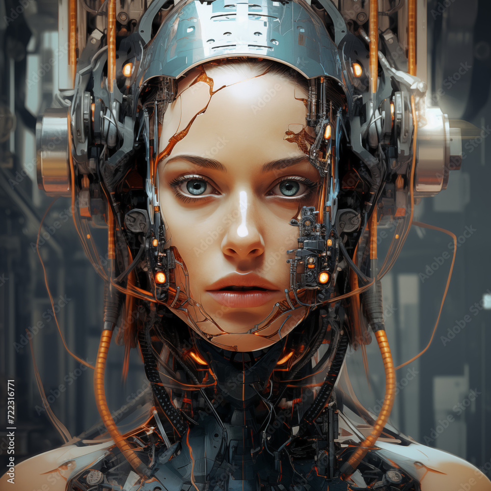 portrait of a cyborg woman, robot woman, cyborg woman, realistic girl robot, Generative AI illustration portrait of a cyborg woman, robot woman, cyborg woman, realistic girl robot, Generative AI illustration