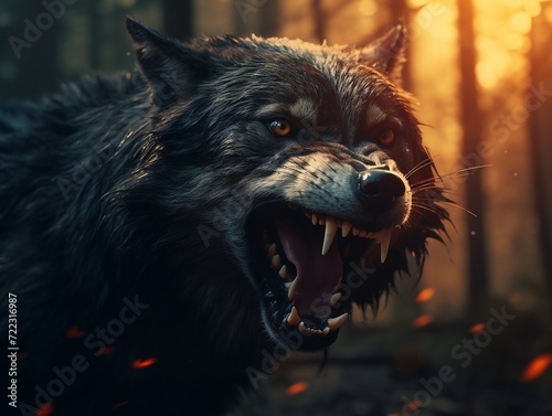 Angry wolf roaring in the forest © Generative Ai