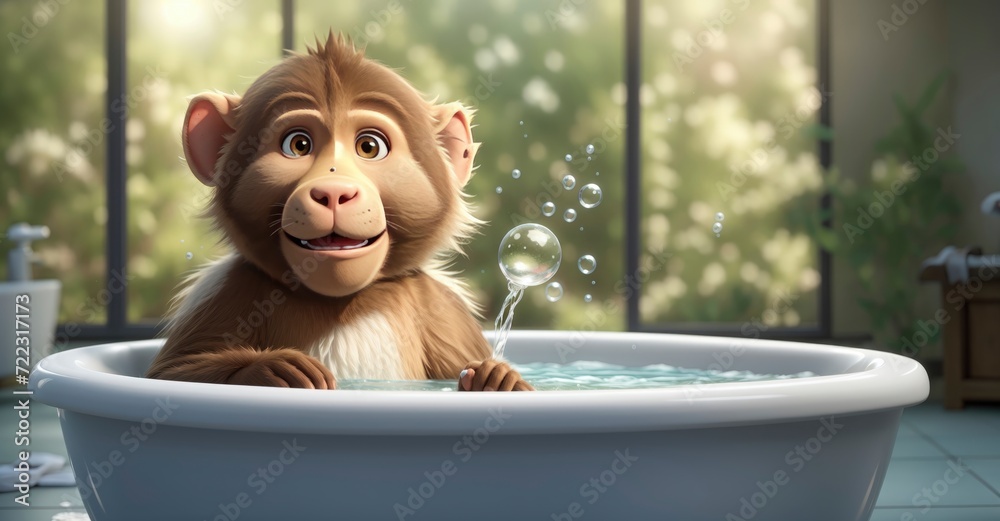 Playful primate Adorable 3D baboon taking a bubble bath in modern tub - obrazy, fototapety, plakaty 
