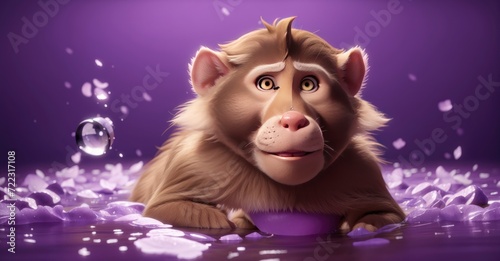 Charming bath time Sweet baboon in 3D, bathing against calming purple background