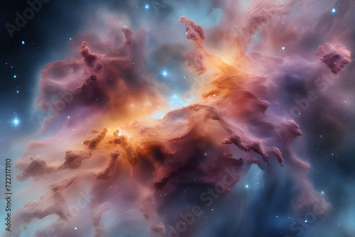 Explosion of space with lights, glow, nebula, visualization, splashes of fire, smoke, stars in the sky