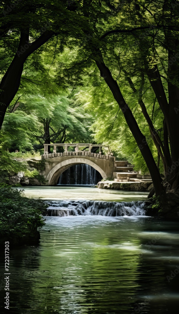 Tranquil park landscape with beautiful cascading waterfall amidst abundant green foliage