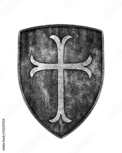 Old metal crusaders shield with cross isolated on white background