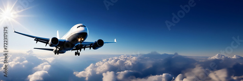 Airplane is flying over the beautiful clouds. Landscape with passenger airplane in low clouds, blue sky. aircraft. Business travel. Commercial plane. Aerial view. Place for text banner. Copy space