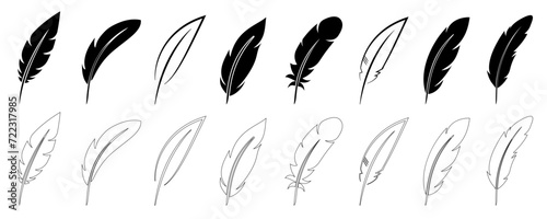 Feather set icons, quill feather silhouette, plumelet collection, bird feather signs – vector photo