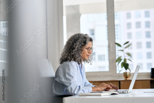 Fotografia Busy mature senior business woman working in office using laptop