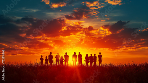 Group of people standing in front of backlight  sunset