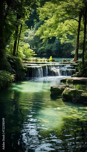 Tranquil park landscape. captivating cascading waterfall amidst bountiful lush greenery