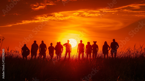 Group of people standing in front of backlight, sunset
