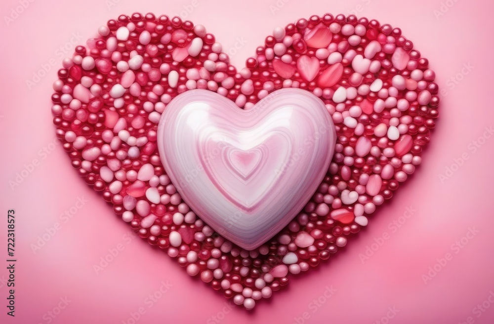 Heart made of ceramic beads on contrast pink background, Valentine's Day