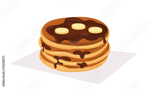 Vector illustration of pancakes with chocolate and banana pieces. Concept for breakfast, food, dessert, baking.