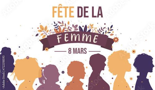 Bannière pour la fête de la femme - Journée internationale des droits des femmes - 8 mars - Illustrations de silhouettes de femmes - Profil - Couleurs douces et modernes - Design féministe