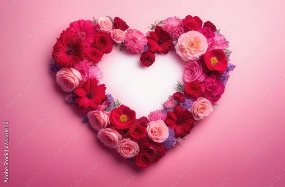 Heart made of flowers on contrast pink background, Valentine's Day