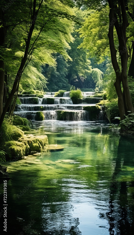 Obraz premium Serene park scene with cascading waterfall surrounded by lush greenery in nature