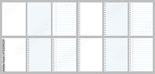 Realistic paper sheets set, different mockup sheets of paper, torn sheet of paper from a notebook with lines, squares and shadows, notebook or book page - vector