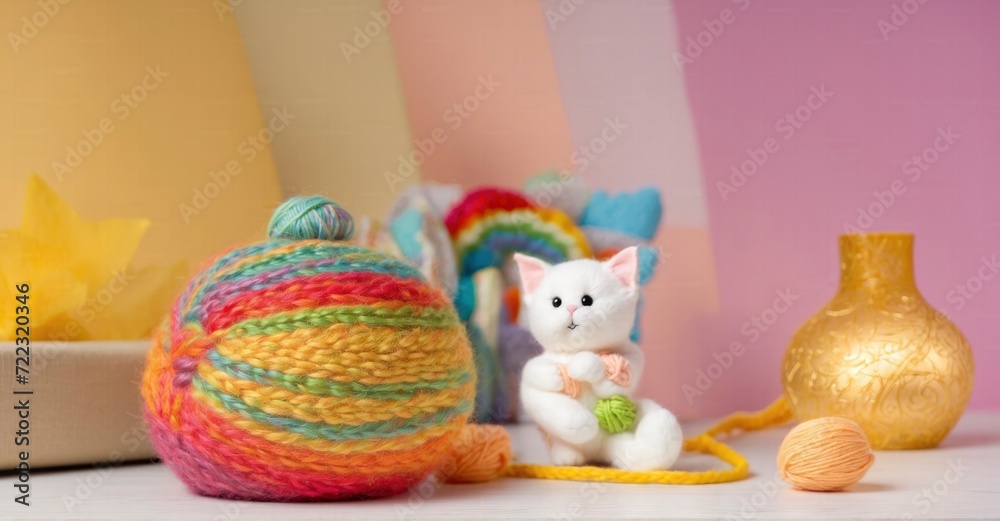 Knitted joy Adorable kitten doll with yarn ball in a cozy, rainbow setting Knitted joy Adorable kitten doll with yarn ball in a cozy, rainbow setting