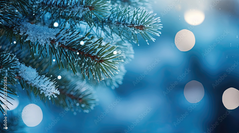closeup of fir branch with snow and bokeh background