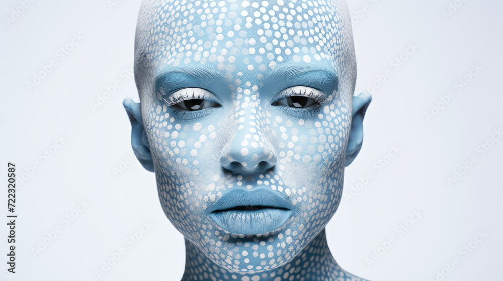 Portrait of woman’s face painted blue with white dots