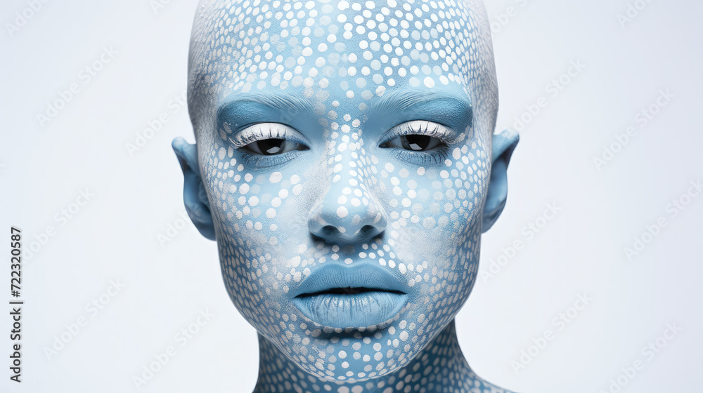 Portrait of woman’s face painted blue with white dots Portrait of woman’s face painted blue with white dots