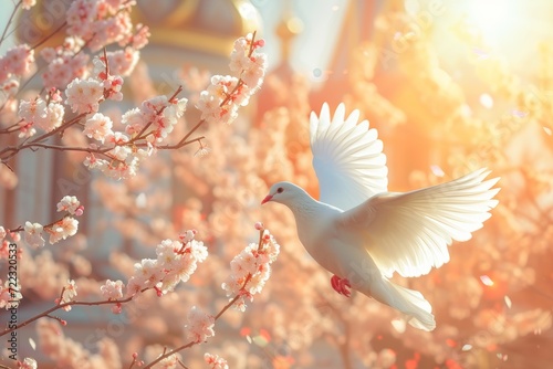 a white dove is flying in the sky in light sun rays photo