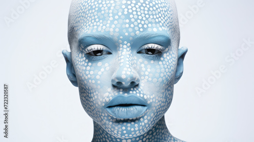 Portrait of woman   s face painted blue with white dots
