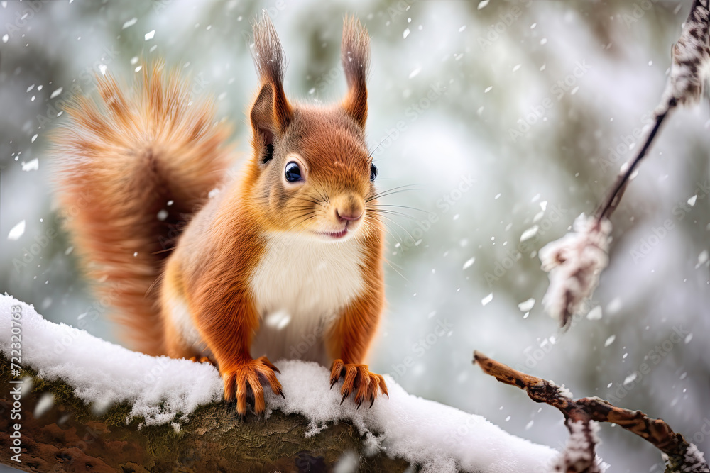 portrait of a cute squirrel in the snow portrait of a cute squirrel in the snow