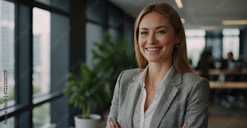 Positive businesswoman with warm smile in modern urban office Positive businesswoman with warm smile in modern urban office