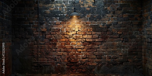 Brick wall in dark room witih laamp background
