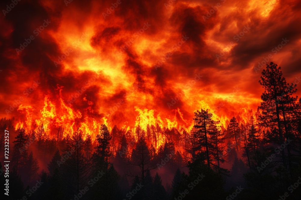 Wildfire Consuming Forest at Night