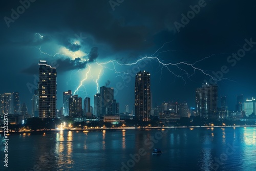 Thunderstorm with Lightning over City Skyline at Night