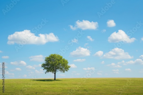 A lone tree stands tall in a vast field, surrounded by the beauty of nature's canvas with rolling clouds and lush grasslands