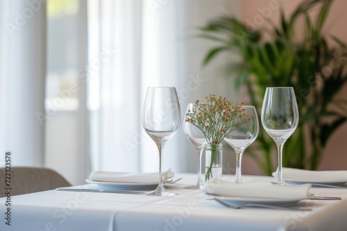 An elegant table setting adorned with delicate wine glasses, fresh flowers, and a crisp white tablecloth creates a romantic and sophisticated atmosphere perfect for a wedding or intimate indoor gathe