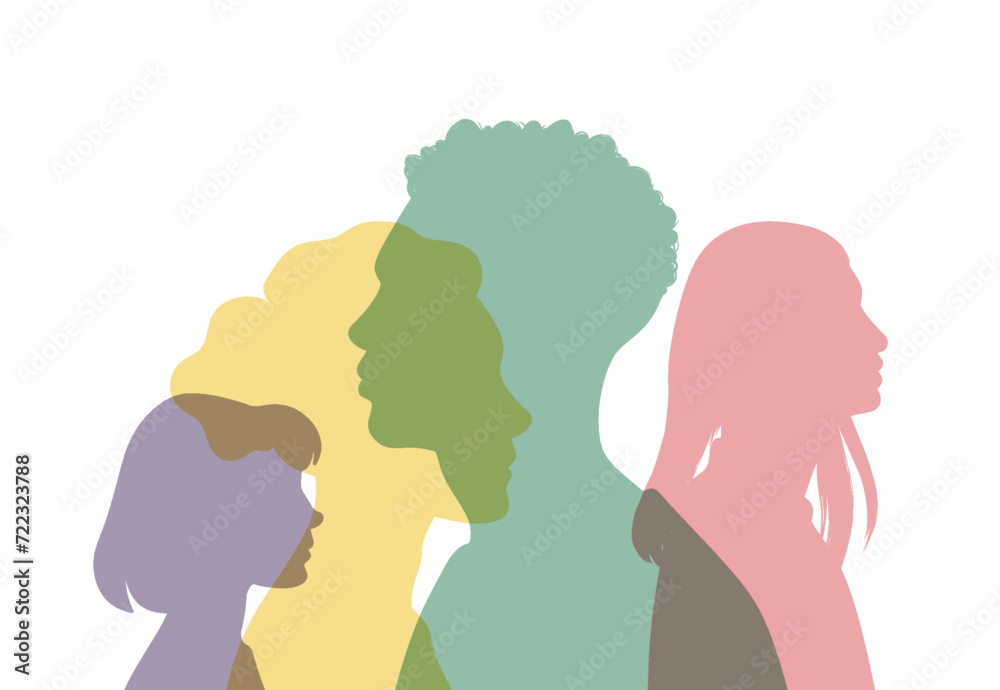 Group diversity silhouette multiethnic people from the side. Community of colleagues or collaborators. Concept of bargain agreement or pact. Collaborate. Co-workers. Harmony. Organization - obrazy, fototapety, plakaty 