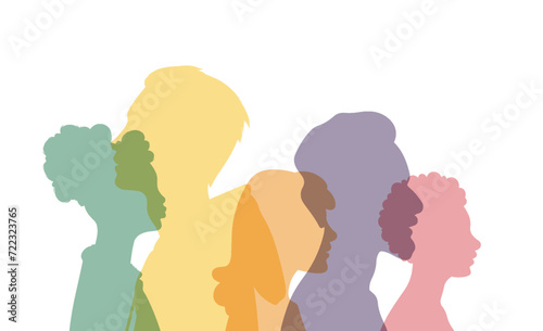 Group diversity silhouette multiethnic people from the side. Community of colleagues or collaborators. Concept of bargain agreement or pact. Collaborate. Co-workers. Harmony. Organization