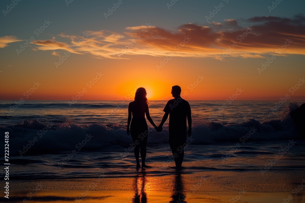 Two lovers bask in the warm glow of a sunset on the beach, their silhouettes blending into the vibrant sky as they stand hand in hand, grounded by the crashing waves and surrounded by the beauty of n